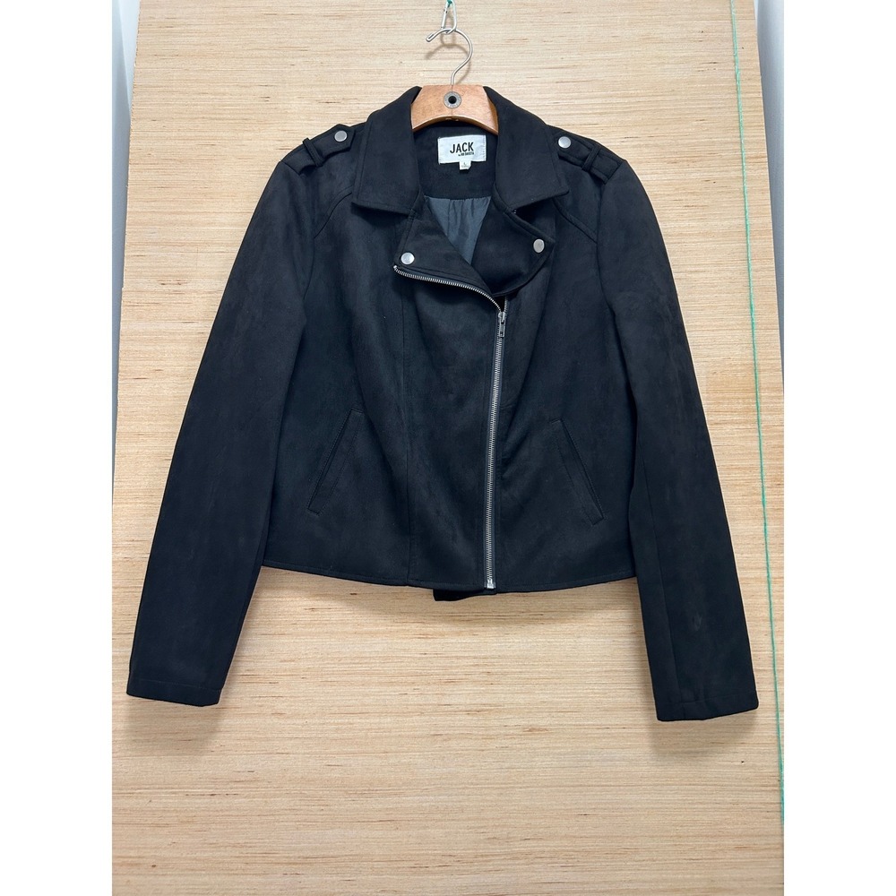 Jack by BB Dakota Womens Black‎ Faux Suede Moto Biker Jacket Large Epaulettes